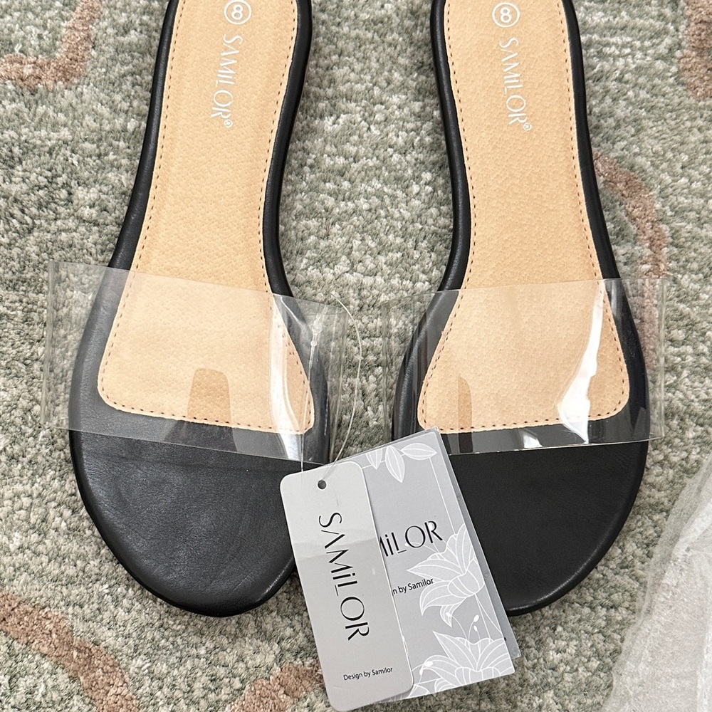 New with Tag  Samilor Designer Style Sandals Clear Strap with Black Sole size 8